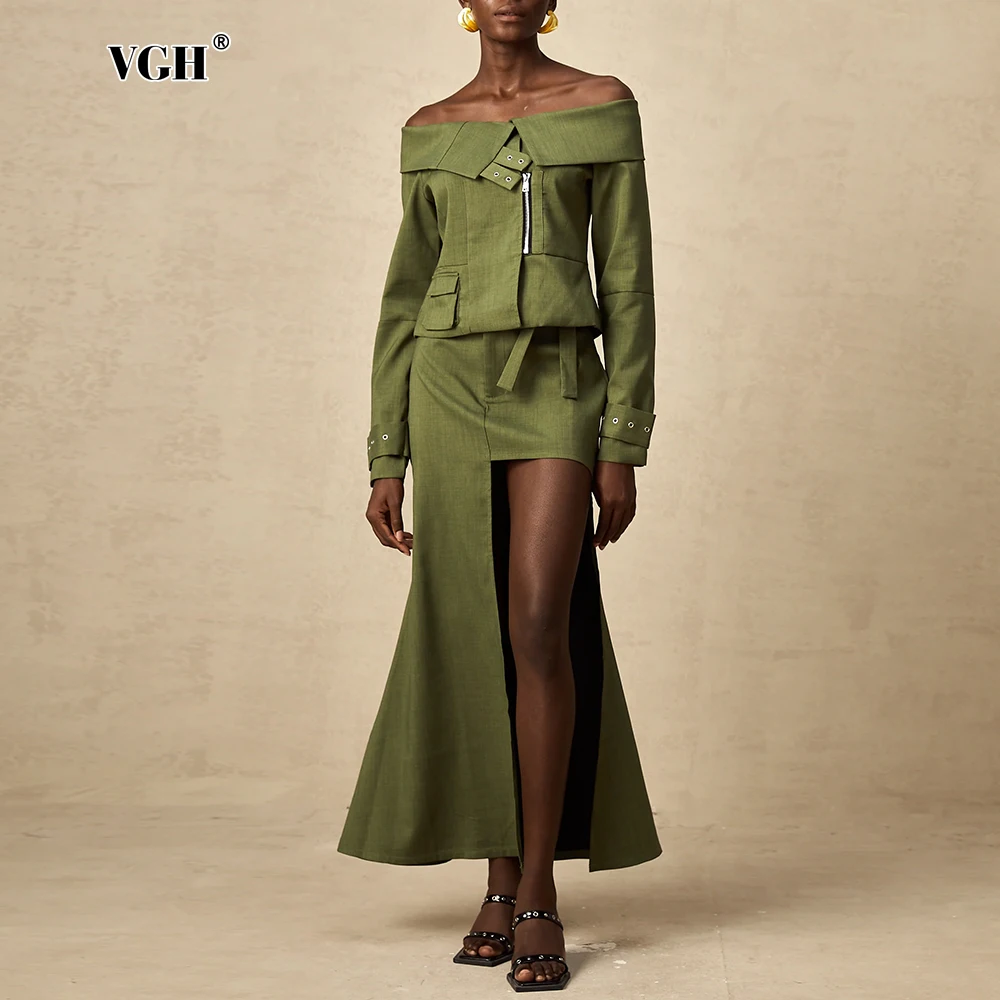 

VGH Catwalk Two Piece Set for Women Slash Neck Long Sleeve Tunic Tops High Waist Irregular Skirts Slim Temperament Outfit Female