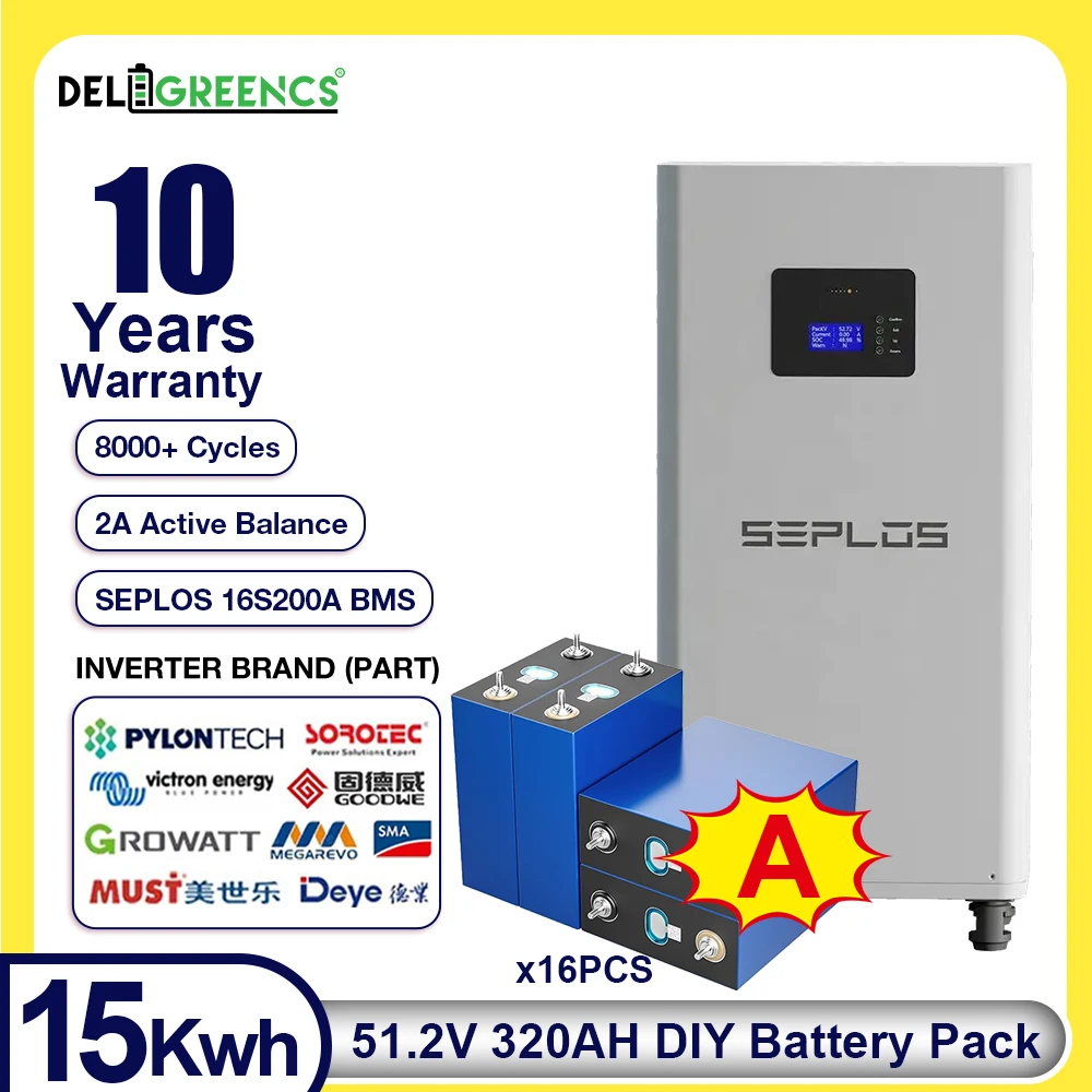 

Home Energy Storage 51.2V 320AH CATL Grade A DIY Battery Pack SEPLOS Vertical 3.0 SEPLOS 16S200A BMS Active Balancing RS485 8000