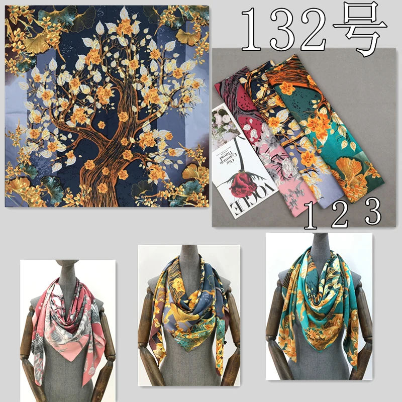 Luxury Brand 100% Twill Silk Scarf Square 130*130cm Scarf Scarves New Design Print Kerchief Women Neck Shawl Wraps Echarpe Hijab