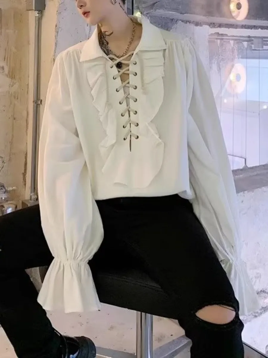 

Vintage Solid Gothic Shirt Men Women Flare Sleeves Ruffles Oversize Club Party Evening Halloween Cosplay Black Blouse V-neck Top