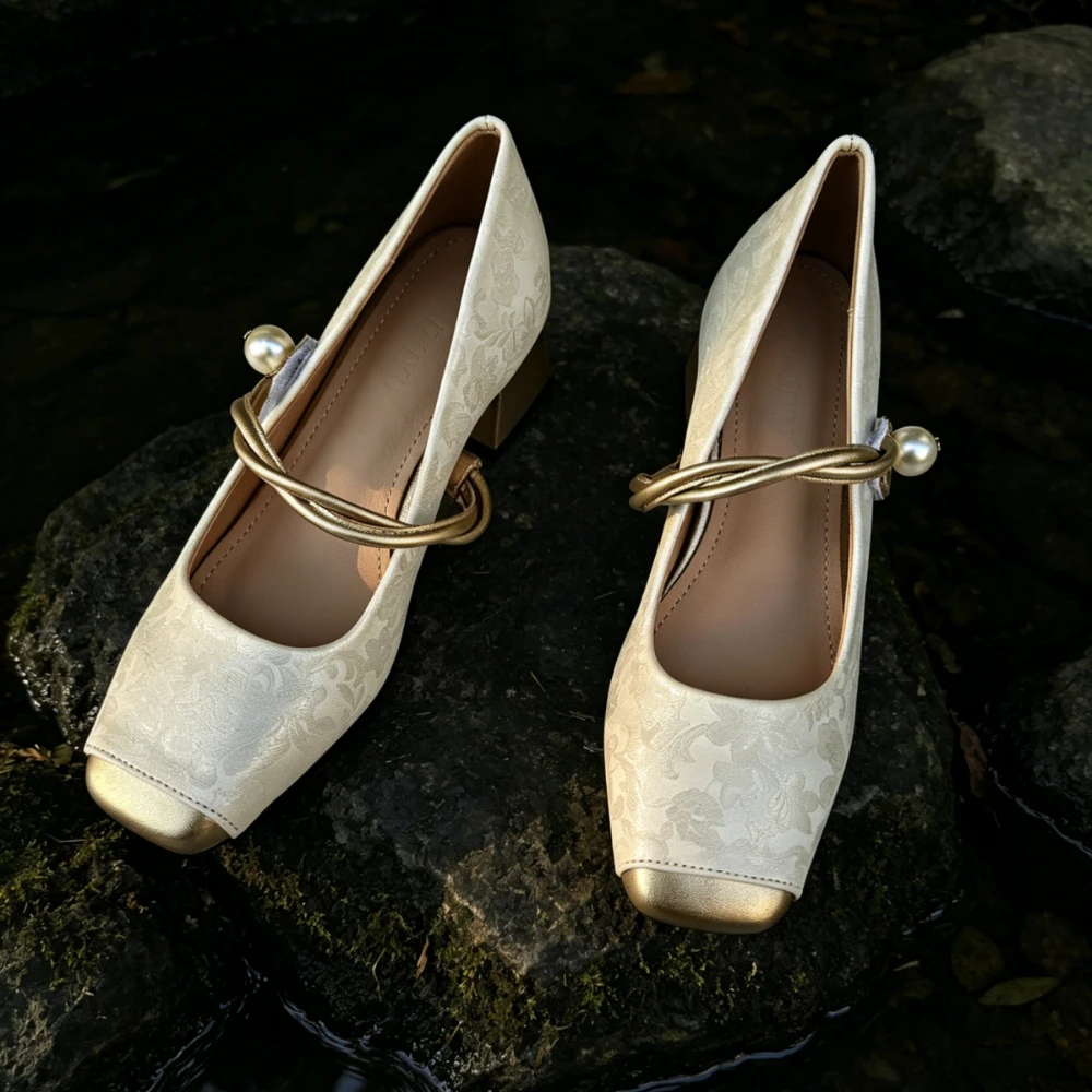 2025 New Square toe thick heeled women's shoes Summer elegant qipao shoes, luxurious banquet shoes Chaussures pour femme view 2