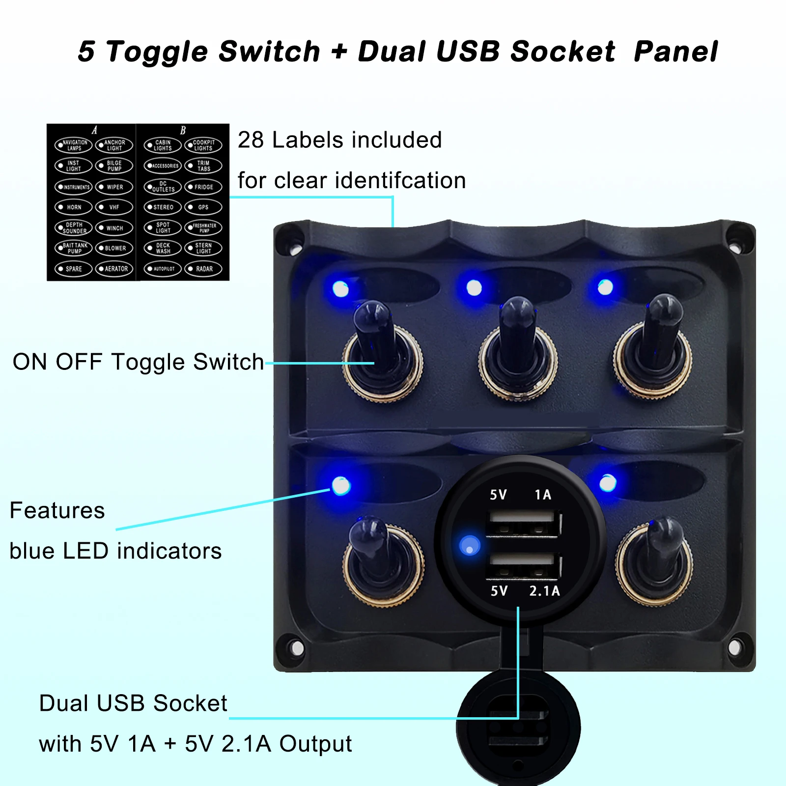 12V-24V Marine Toggle Switch Panel Waterproof Dual USB Charger Socket Rocker Switch Panel For Boat Truck Caravan RV Dashboard