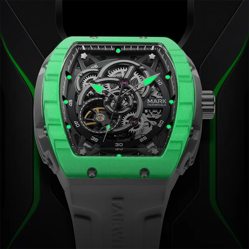 Mark Fairwhale Luxury Men's Carbon Fiber Mechanical Watch Sports Luminous Silicone Strap Automatic Tourbillon Watch