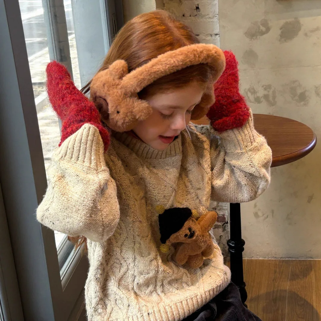 

Autumn Children Girls Sweater Cotton Bear 3D Infant Baby Girls Pullovers Loose Solid Round Collar Casual Toddler Kids Girls Tops