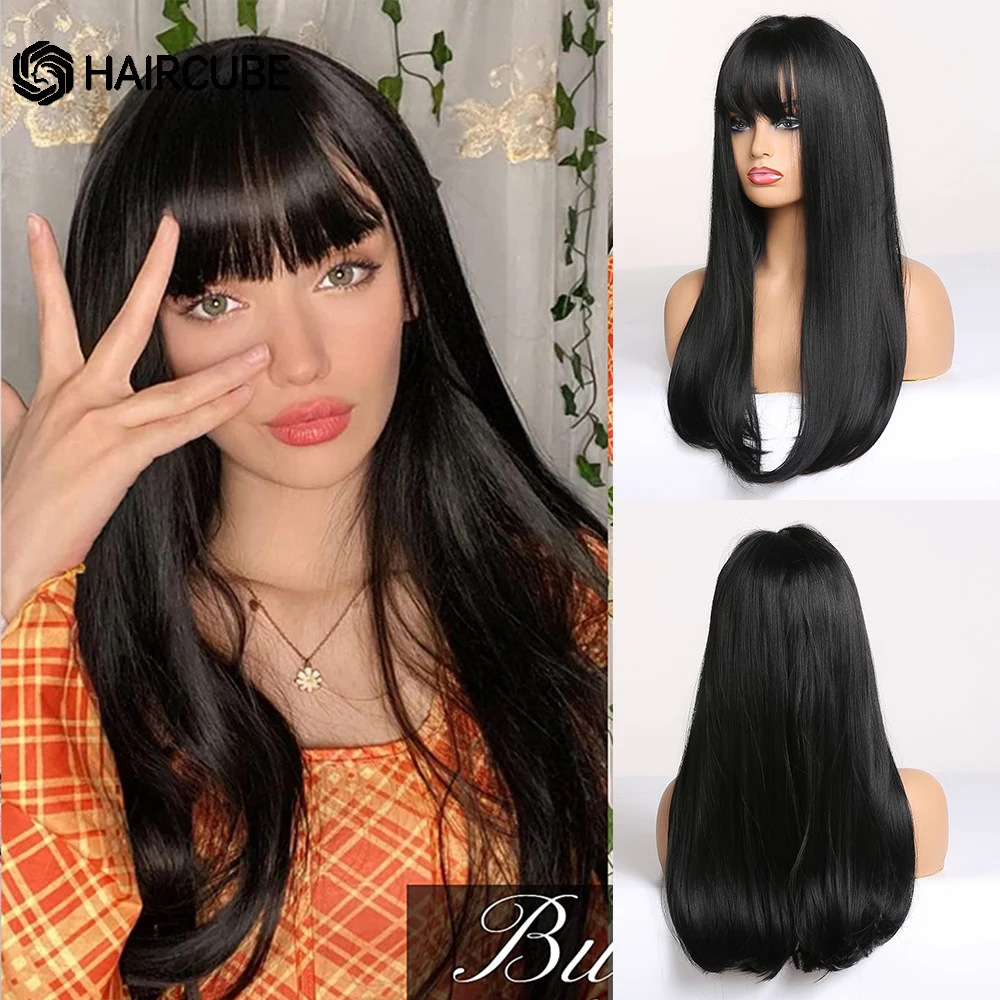 HAIRCUBE Long Black Straight Synthetic Hair Wigs Natural Hair Wigs for Women With Bangs Party Daily High Temperature Fiber Wigs