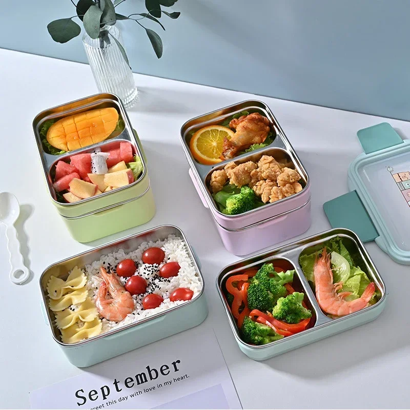 Portable Cartoon Lunch Box Stainless Steel Bento Box Double Layer Food Container for Kid Picnic School Work Bento Box Dinnerware