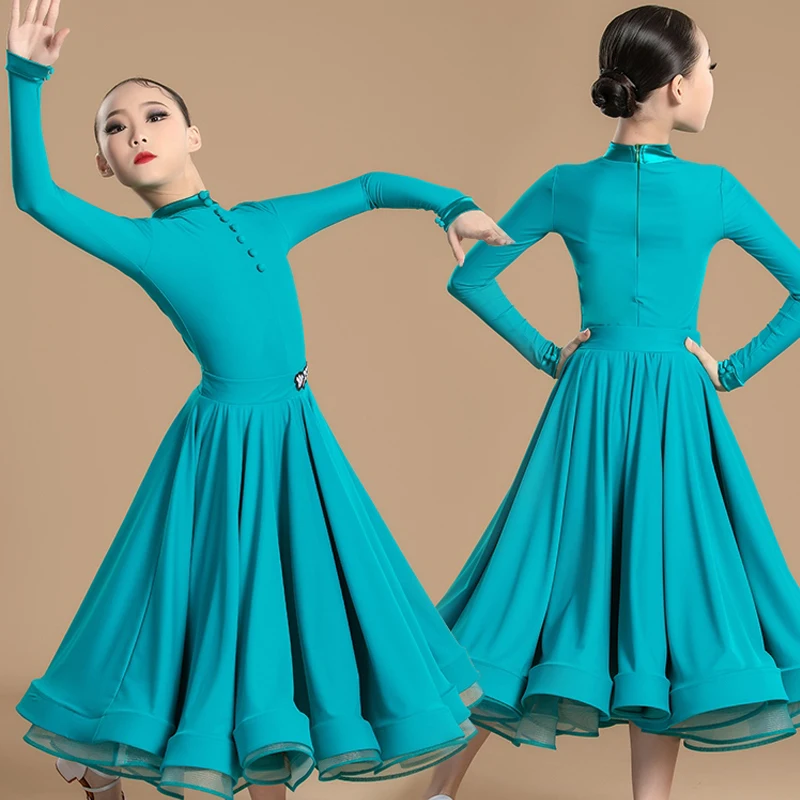 New National Standard Ballroom Dance Costume Girls Long Sleeves Latin Dance Professional Dress Waltz Modern Dancing Wear XS7861