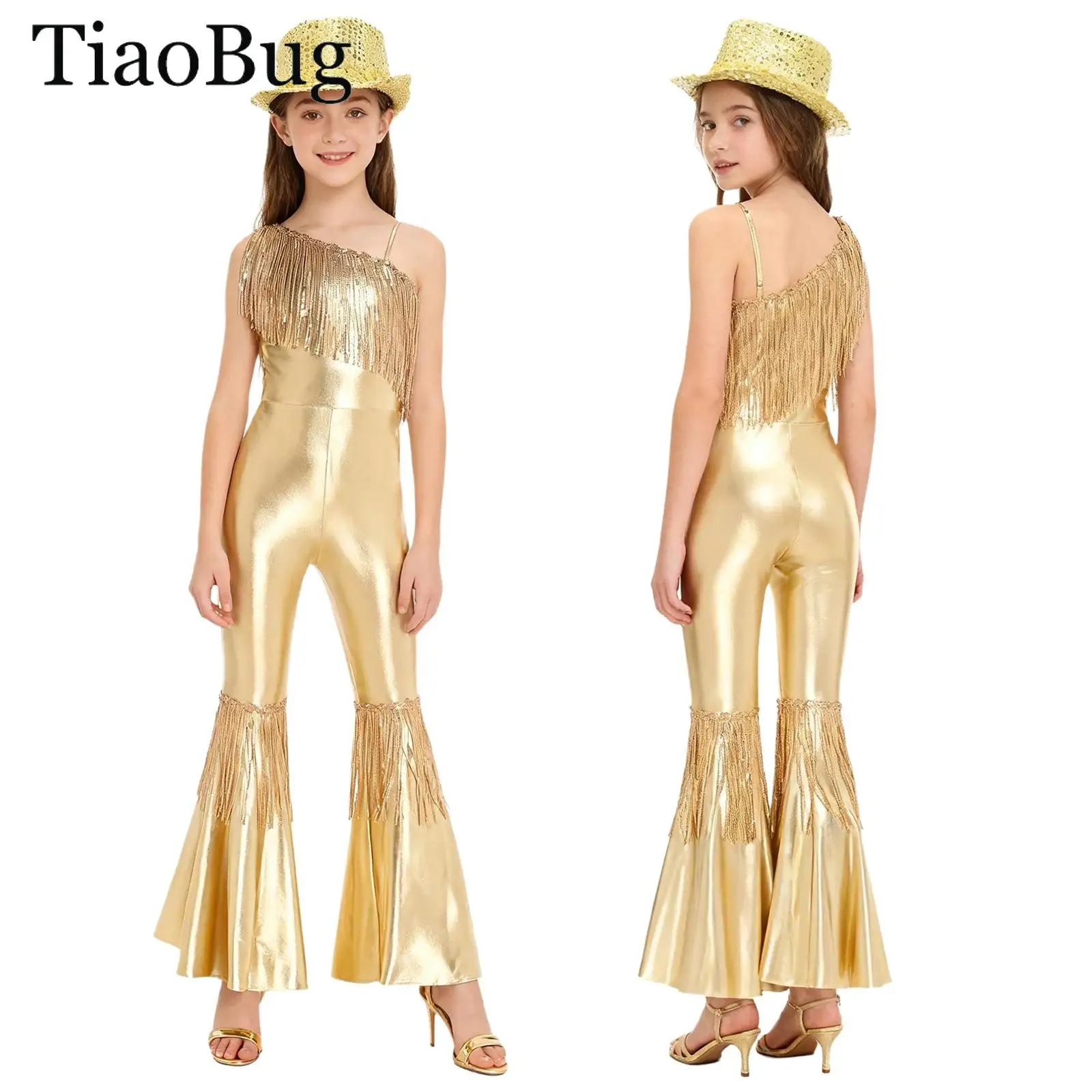 

Girls 70S Disco Dance Jumpsuit Halloween Metallic Shiny Jazz Dance Hippie Costume One Sleeve Sequin Tassels Flared Bodysuit +hat