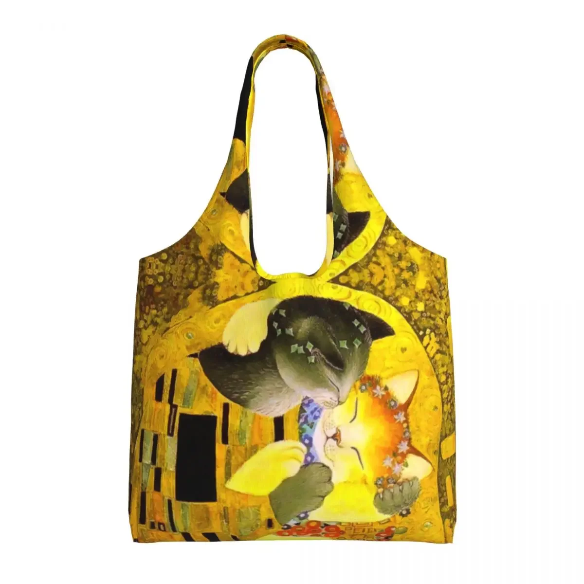 Pet Cat The Kiss Groceries Shopping Bags Canvas Shopper Tote Shoulder Bags Large Capacity Durable Gustav Klimt Art Handbag