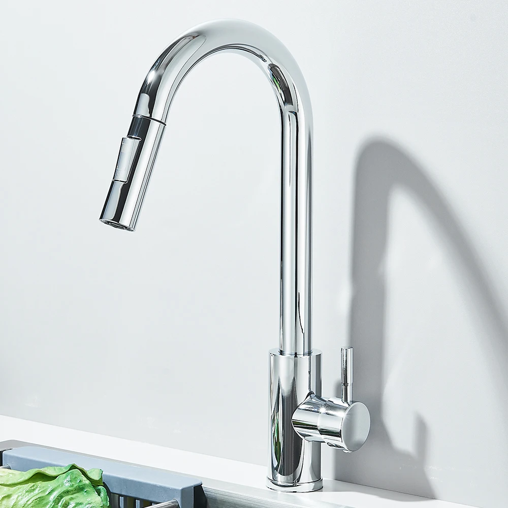 Uittrekbare aanrechtkraan, uittrekbare twee functies, enkele handgreep, mengkranen voor warm en koud water, op het blad gemonteerd