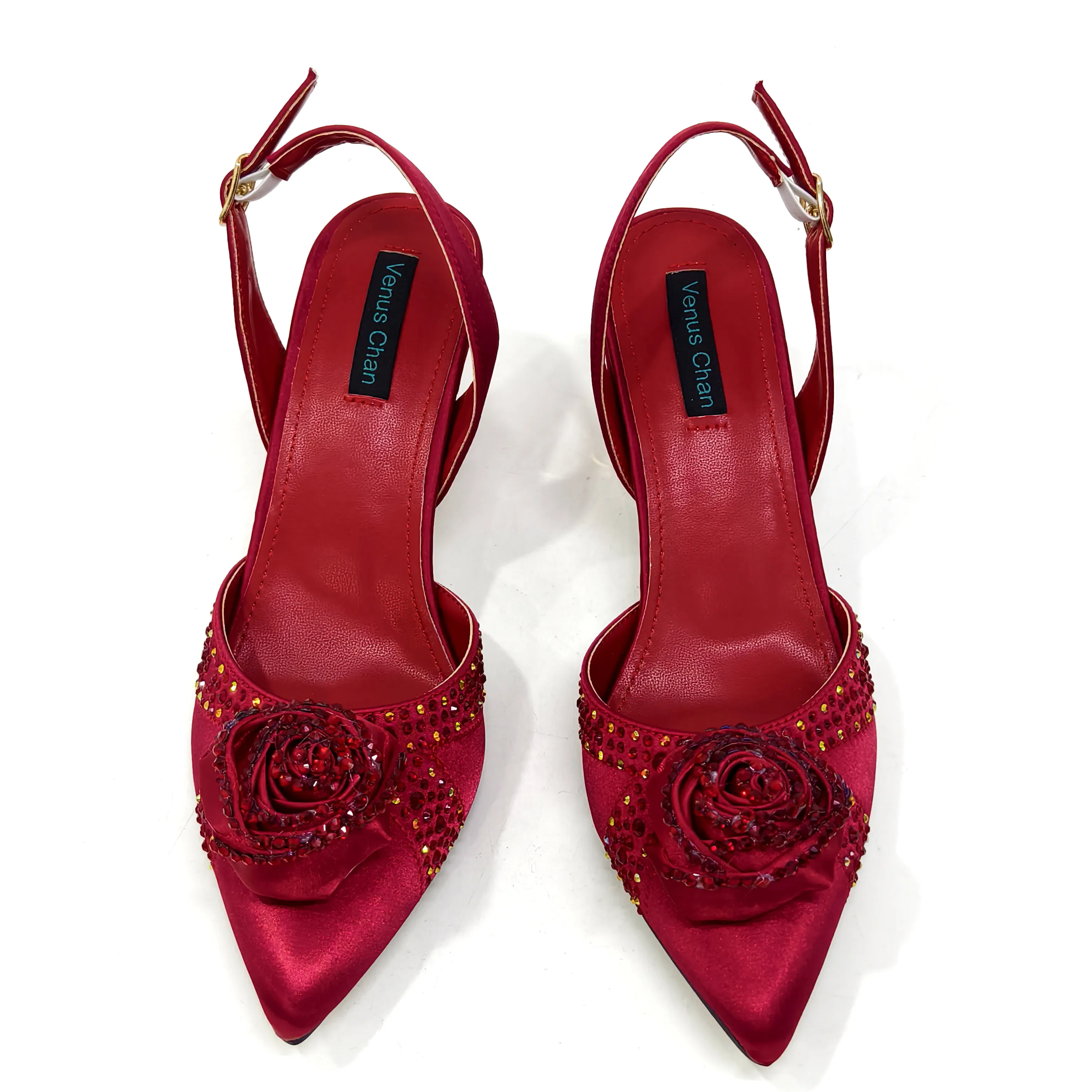Venus Chan Red Color Roses Decorated Rhinestones Stylish and Elegant Pointed Toe Pumps With Matching Bags for Women's Parties