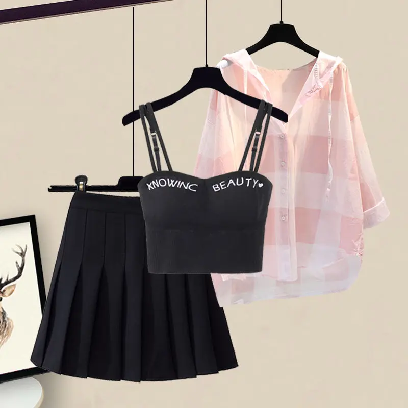 Spring/Summer Set Women's 2024 New Korean Fashion Strap Tank Top Shirt Pleated Skirt Age Reducing Three Piece Set Fashion