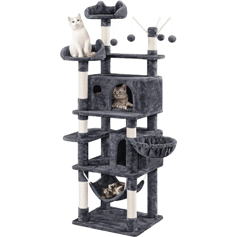 Multi-Level Cat Tree Tower with Cat Condos Hammock Removable Teaser Balls Durable Sisal Plush Covering Safe Stable Design 67