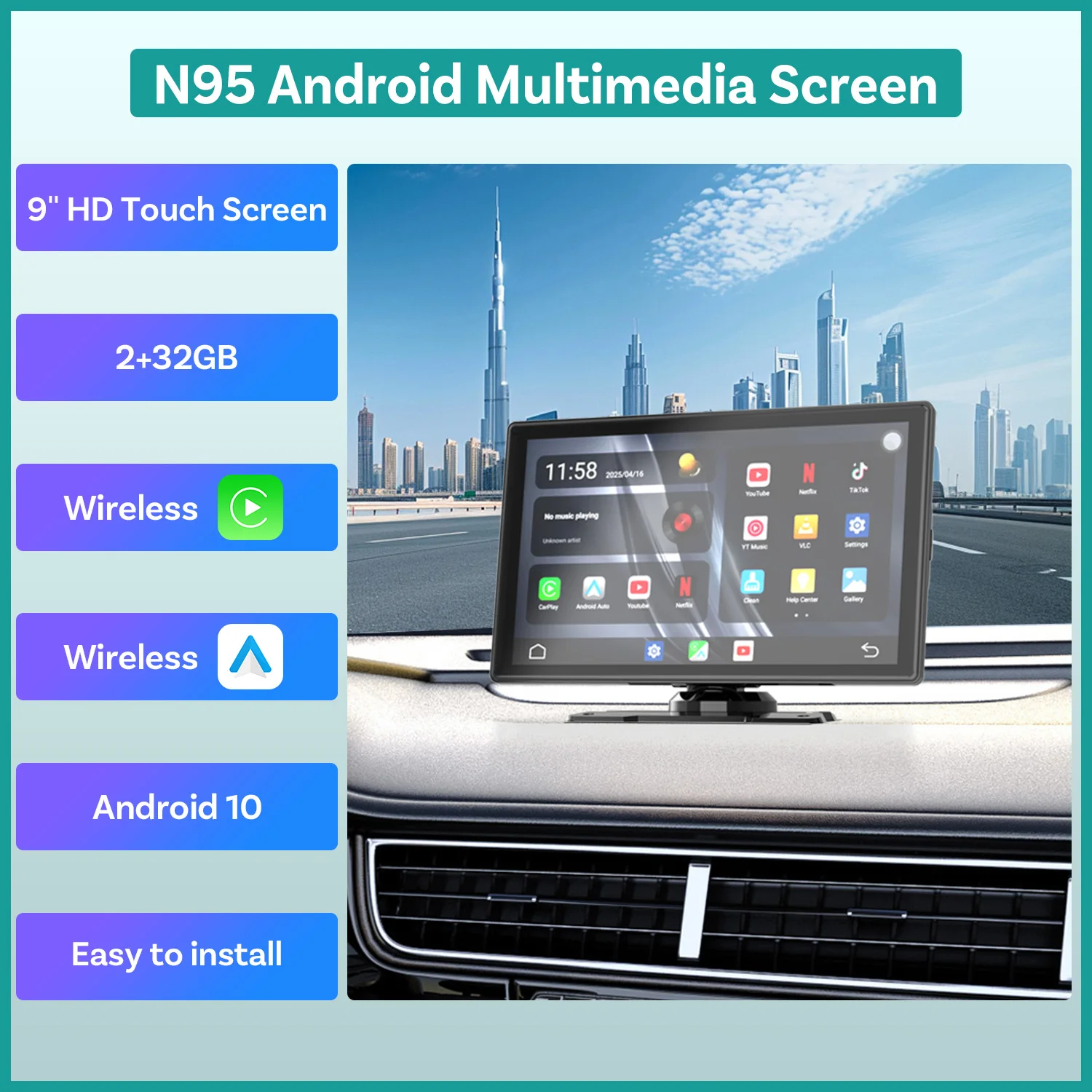 OTTOCAST Express 9” CarPlay Screen Android 13 Car Radio Multimedia Video Player 4K Touch Screen Support Rearview Camera GPS