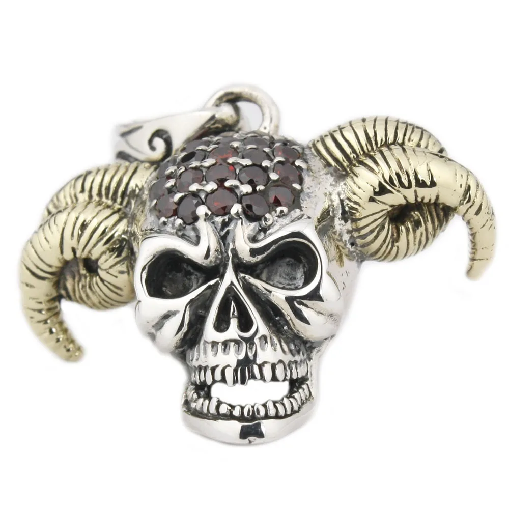 

Red CZ Stone Head Brass Horn 925 Sterling Silver Devil Goat Skull Pendant 8N021