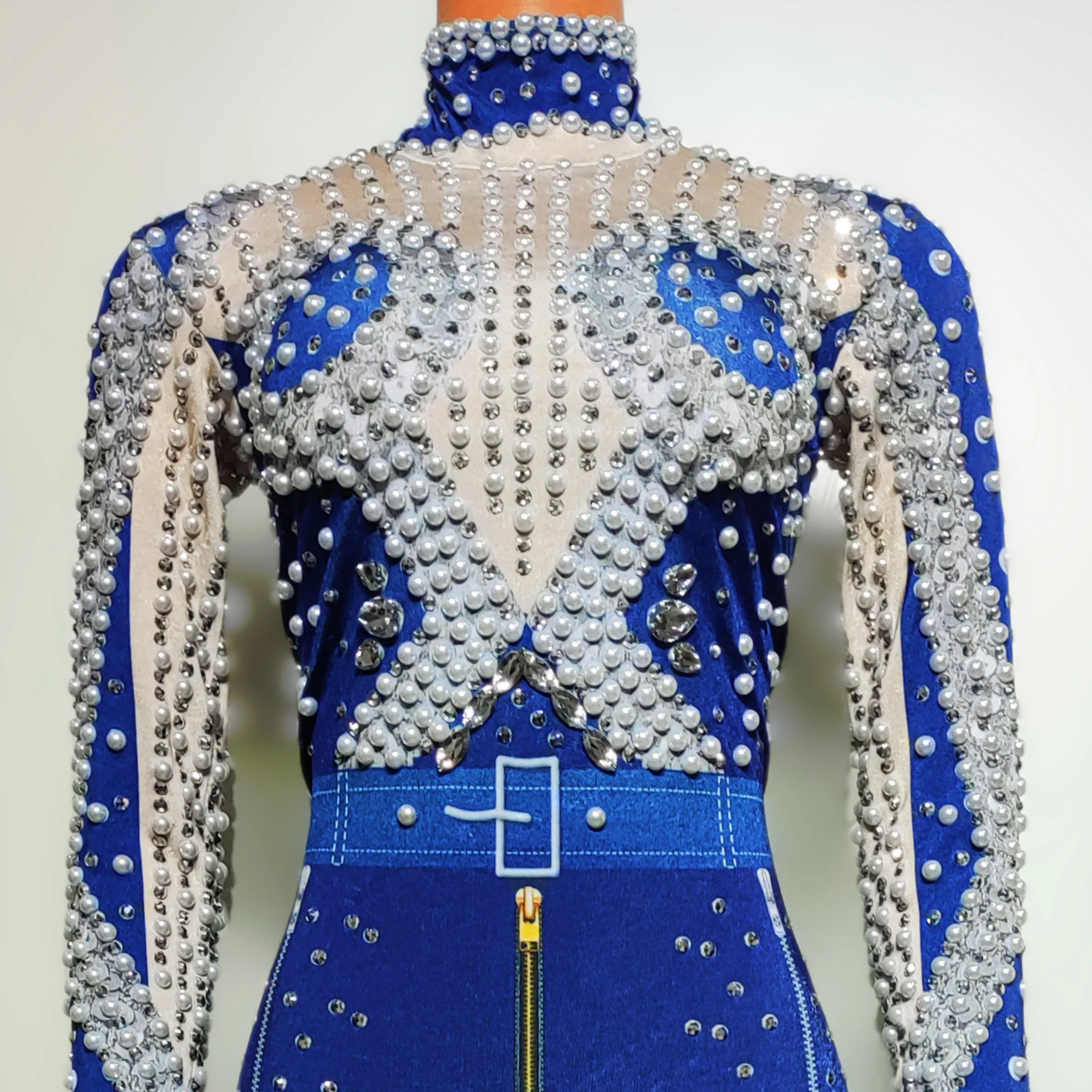 Seksowny strój do tańca Gogo z perłami i cyrkoniami, wysoki kołnierz, strój klubowy, kostium na festiwal, strój sceniczny dla piosenkarza, model yj270