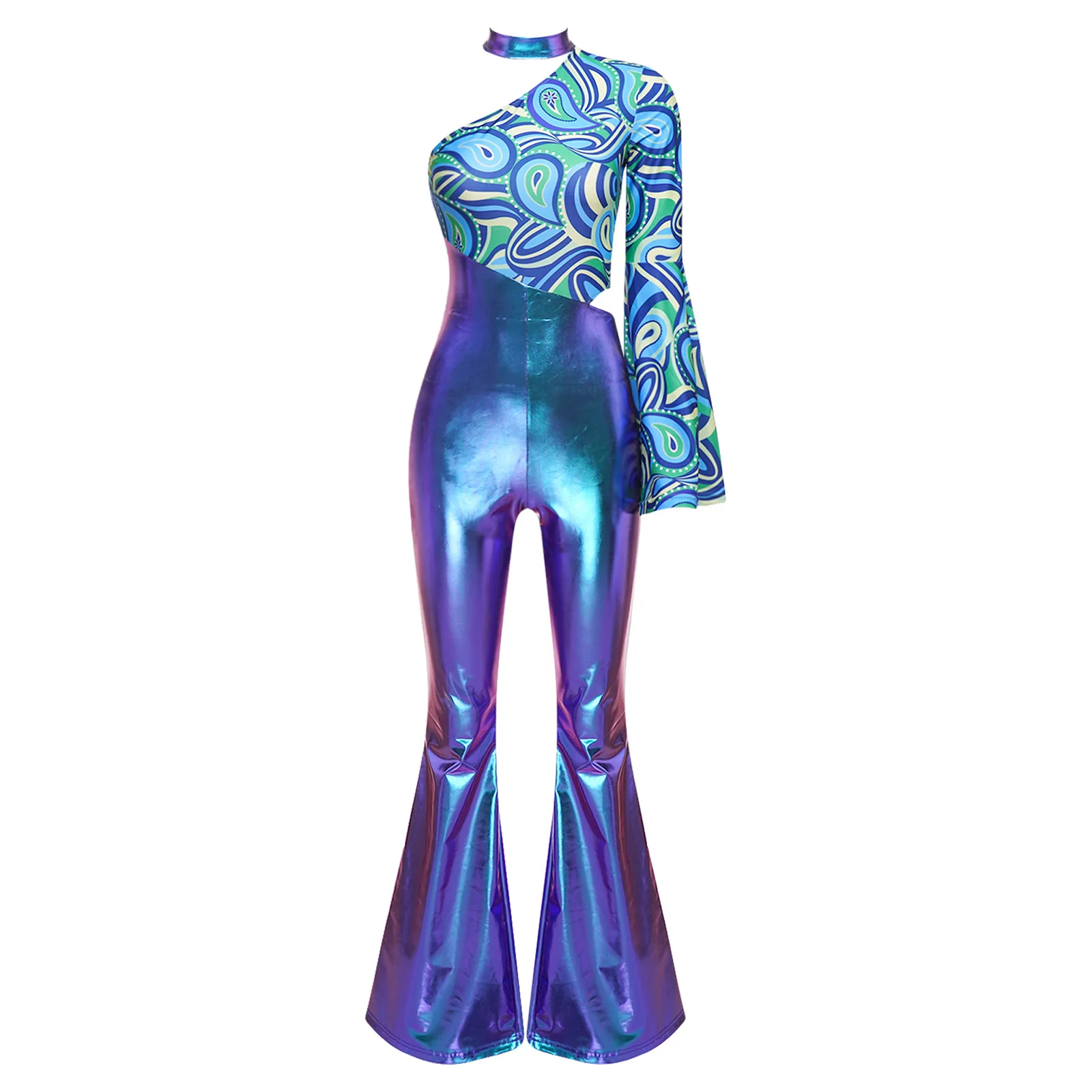 Womens Adult 70s Disco Jazz Dance Costume One Shoulder Printed Patchwork Metallic Jumpsuit Single Bell-bottom Bodysuit Dancewear