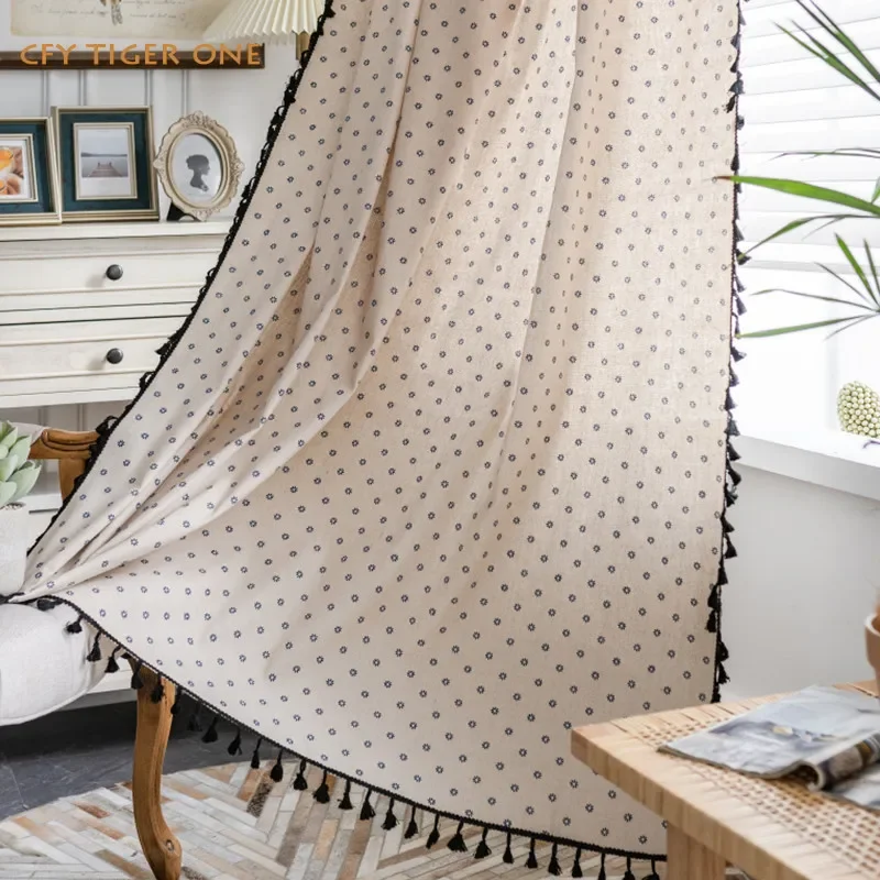 

Cotton Linen Curtain Japanese-style small flower Style Print Curtain Semi-shading Bay Blackout Window Bedroom Living Room