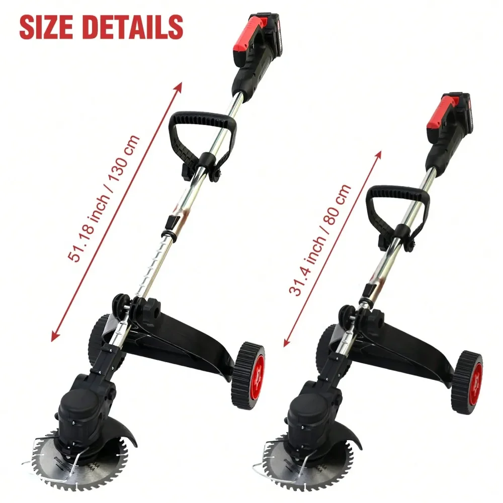 

Беспроводной электрический триммер для сорняков 3-в-1 с колесами, складной конструкцией, 4 типами лезвий и долговечной батареей для длительной работы