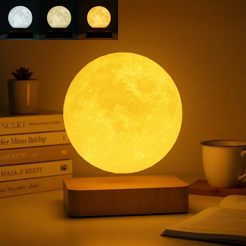 Magnetic Levitating LED Moon Lamp with Wooden Base, 360 Rotating 3 Lighting Modes Night Light for Bedroom Unique Gift