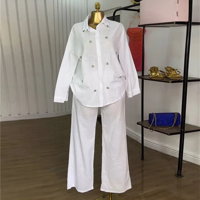 

Summer Fashion American Women's Solid Color Casual Trendy Loose 2 Piece Sets Long Sleeve Turn-down Collar Shirts Wide Leg Pants