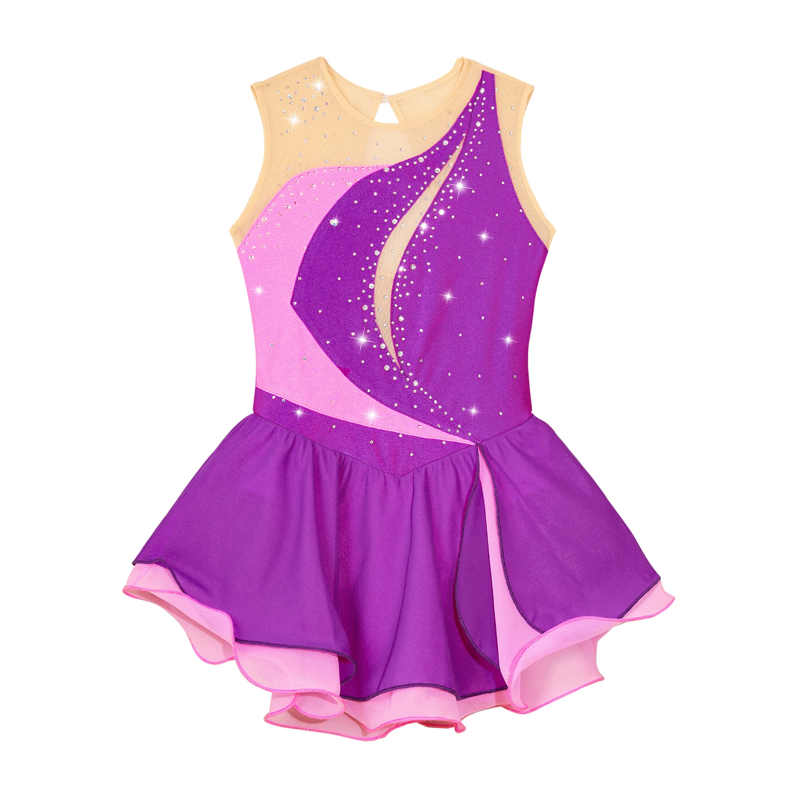 Kids Girls Figure Skating Gymnastics Dance Dress Ballet Tutu Leotard Sleeveless Rhinestone Competition Stage Performance Costume