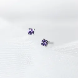 925 Sterling Silver 3MM Light Purple Cubic Zirconia Crystal Stud Earrings Female Cute Fashion Jewelry
