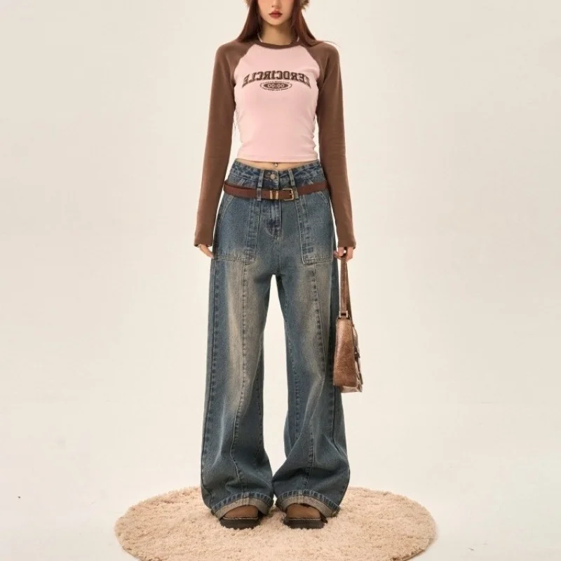 

Retro Blue Jeans Women's Spring and Autumn Niche Slimming Loose Wide Leg Straight Daddy Pants