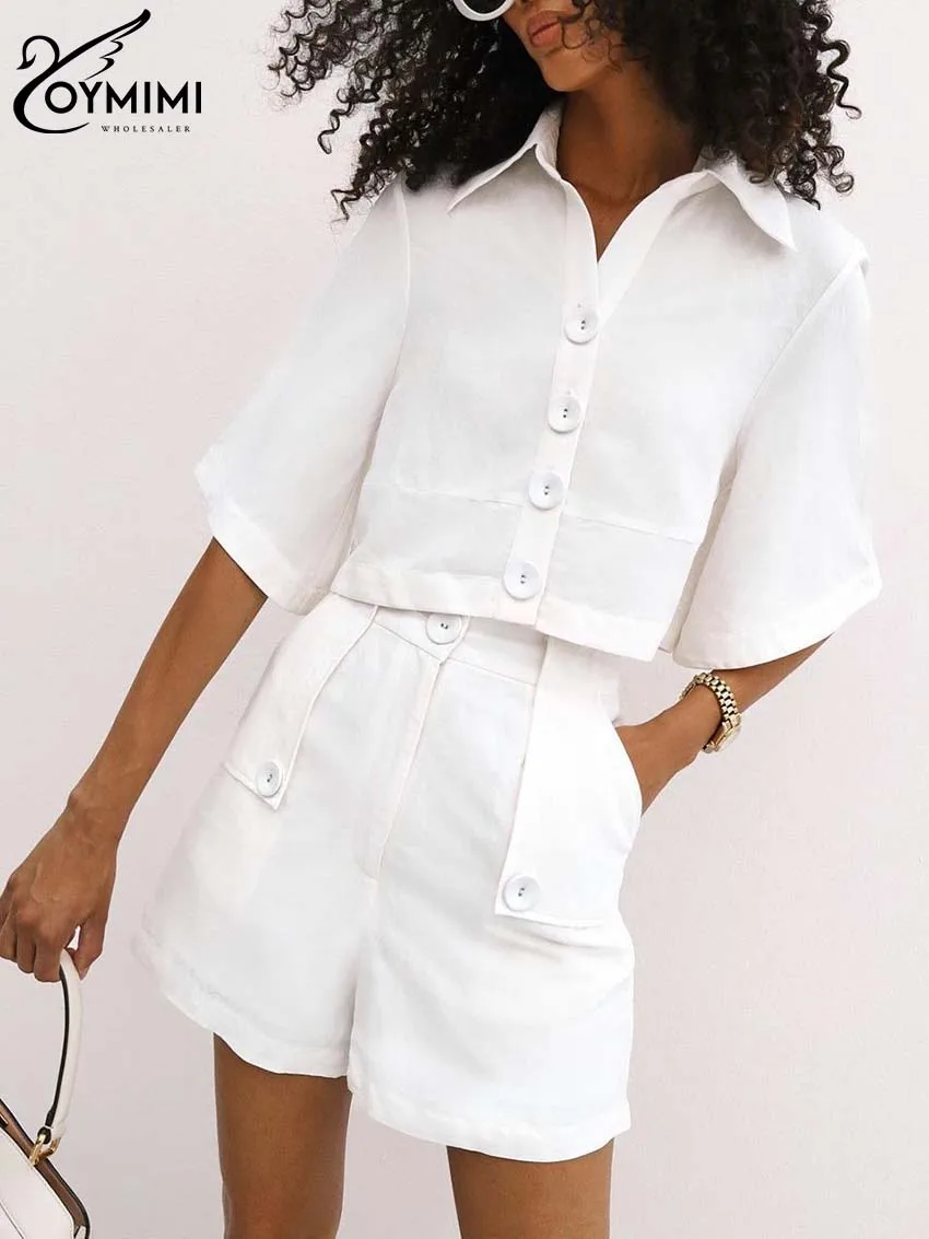 Oymimi Causal White Cotton Sets For Women 2 Pieces Elegant Lapel Half Sleeve Button Shirts And High Waist Pockets Shorts Sets