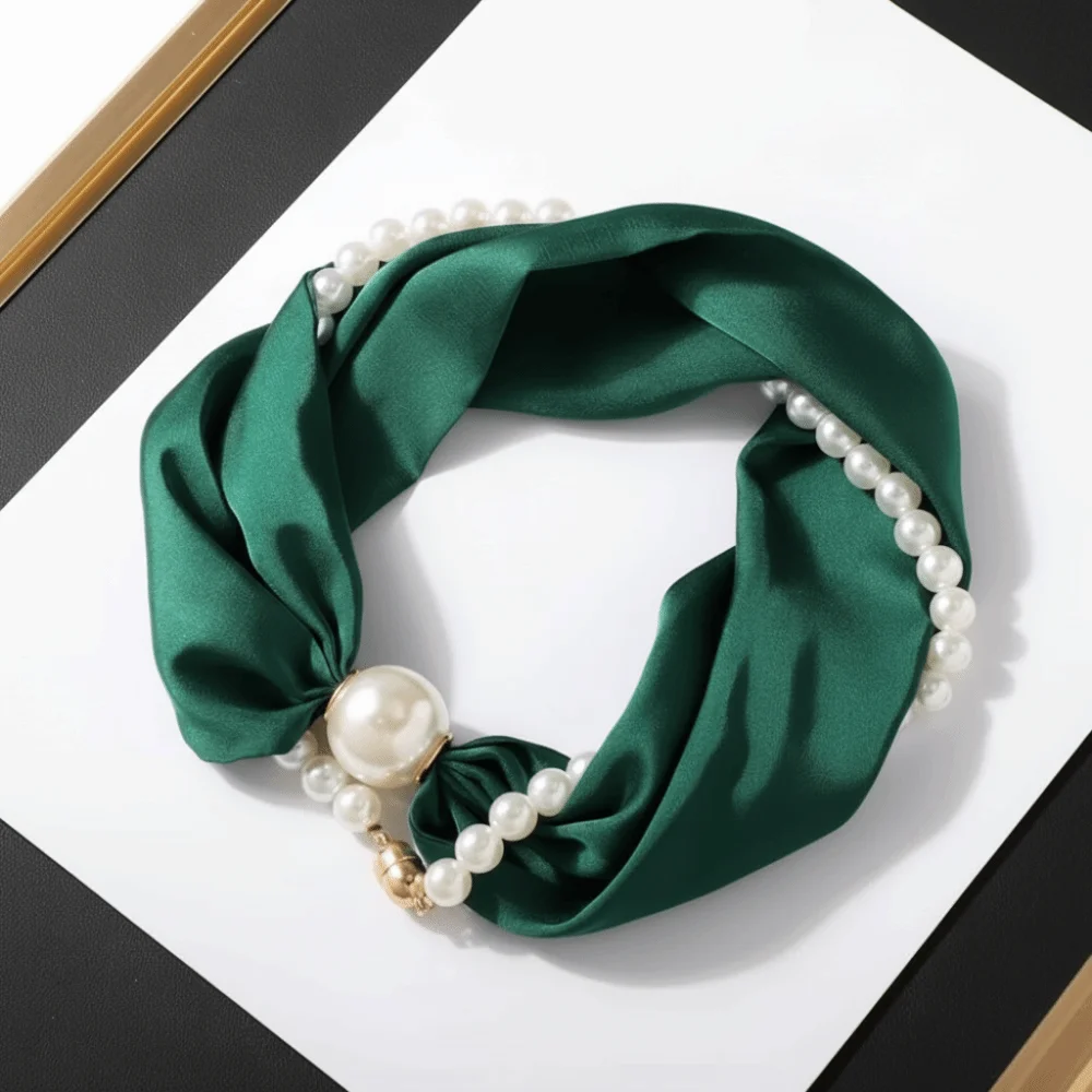 

Elegant Magnetic Buckle Neck Scarf with Pearls Chain Necklace Narrow Satin Scarf Soft Thin Neckerchief
