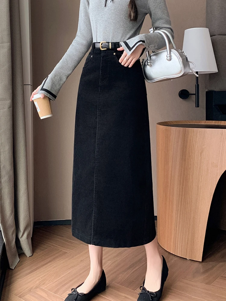 Vintage High Waist Winter Long Skirts For Women Elegant Office Wear Solid Corduroy Pencil Skirt With Belt Wrap Falads Largas