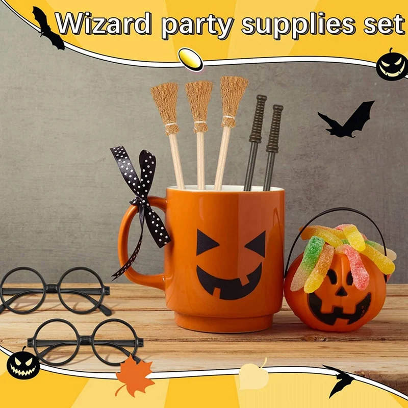 180 Pcs Witch Broom Pencil And Wands Pencils And Glasses With Round Frame No Lenses,Wizard Wands Theme Party Supplies