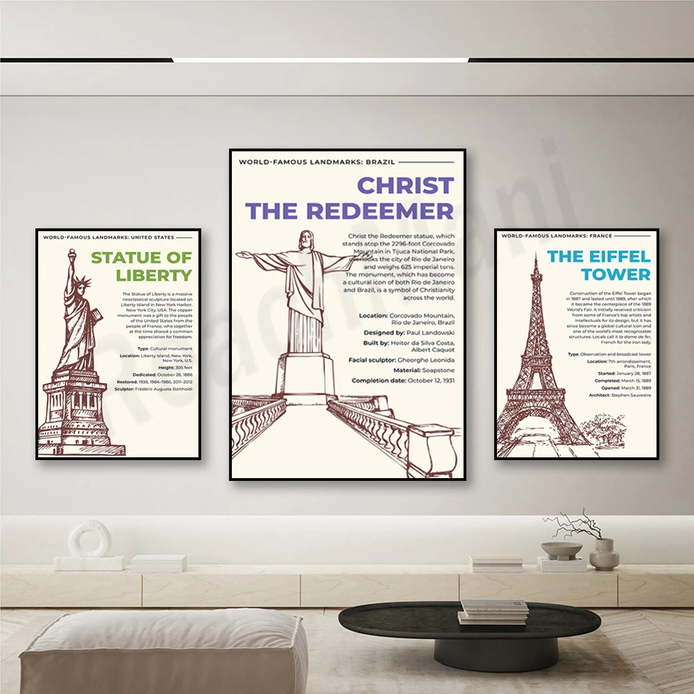 World famous landmarks, Eiffel Tower, Statue of Liberty, Sydney Opera House, Brandenburg Gate, Christ the Redeemer, travel poste