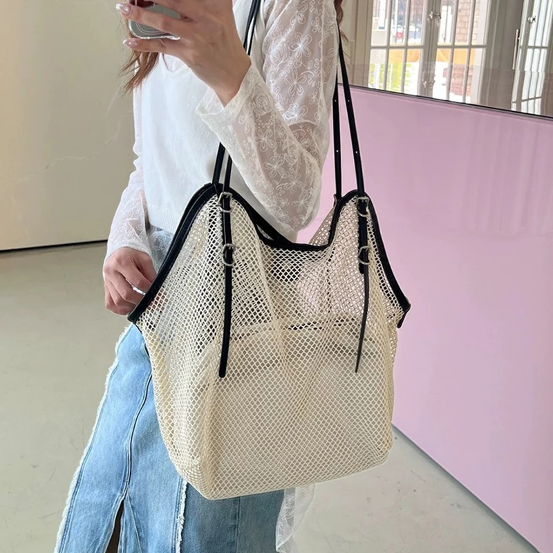 

Stylish Summer Mesh Tote Bag Large Capacity Shoulder Bag Adjustable Belt Buckle Strap Versatile Shopping Storage Bag Inner Pouch