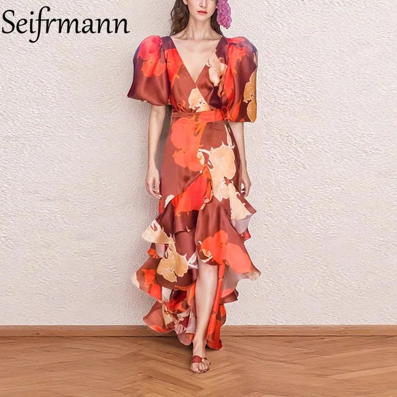 

Seifrmann Spring/Summer Fashion New Women's Wear French V-neck Printed Bubble Sleeve Ruffle Edge Elegant Evening Dress