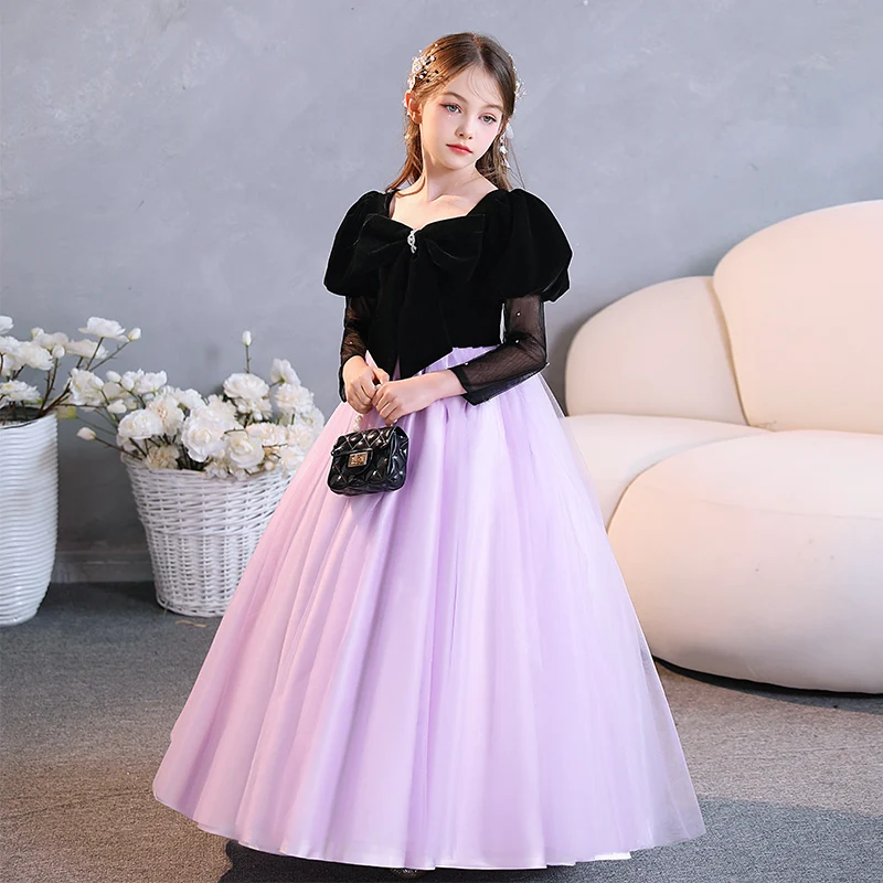 Girls dress velvet puff sleeves floor-length mesh long sleeve puffy tulle princess dress