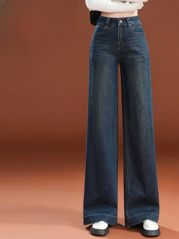 

High Waist Flared Jeans Women's Autumn Winter Faion Loose Slimming Drapey Fce Lined Straight Leg Bell Bot Floor Lengt...