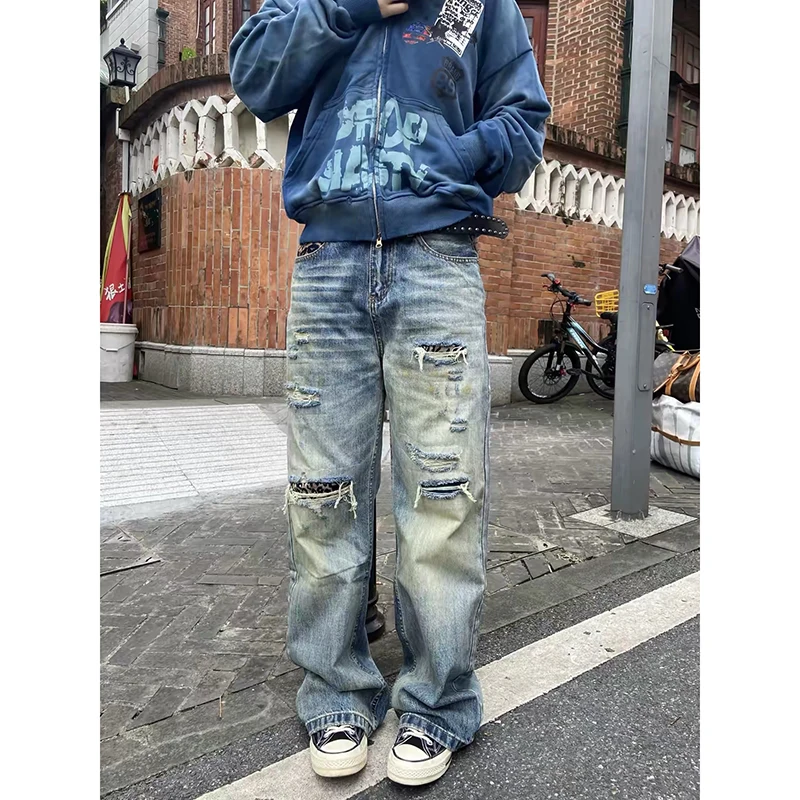 ZHIZOU Women Wide-Leg Blue Jeans Y2K Harajuku High Street Aesthetics Vintage 2000s Style Ripped Leopard Denim Clothing Spring