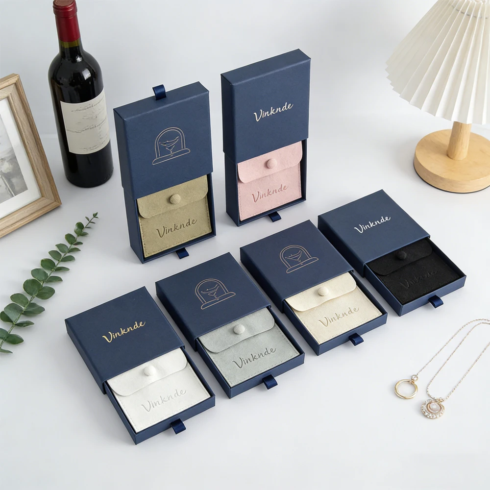 

Customized 7x7x2.5cm Jewelry Box with 6x6cm Snap Bag Set Necklace Earrings Jewellry Packaging Paper Drawer Boxes Bracelet Bags