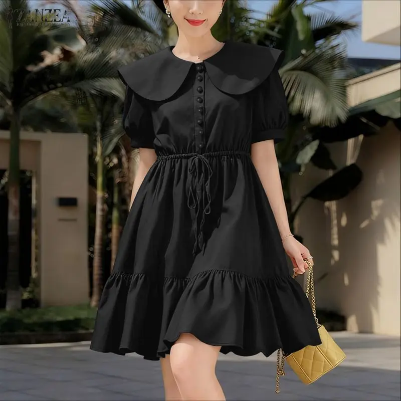 스타일리시한 러플 드레스 ZANZEA 여성용 2026 여름 드레스 우아한 라펠 넥 짧은 소매 파티 워크 썬드레스 솔리드 버튼 미디 로브