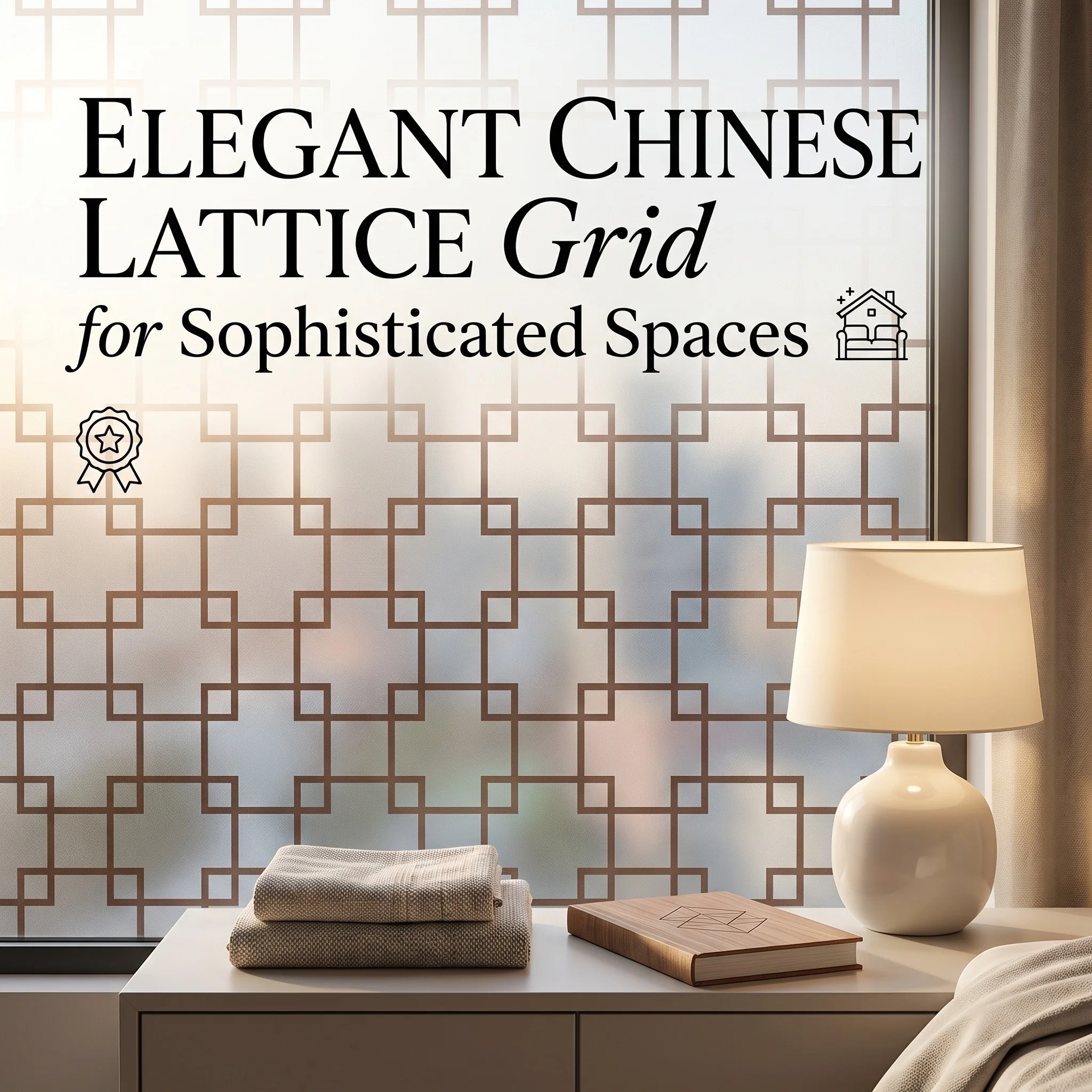 Self‑Adhesive Chinese Lattice Window Film Frosted Privacy Glass Sticker Brown Geometric Grid Pattern Anti‑Glare Decor Window