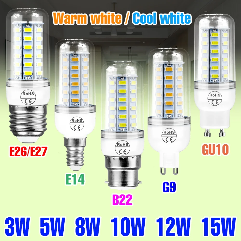 

Светодиодная лампа-кукуруза 15 Вт, цоколь E27, высокая яркость, для внутреннего освещения, лампа E14, потолочный светильник 220 В, точечный светильник B22, освещение для спальни, кухни, гостиной