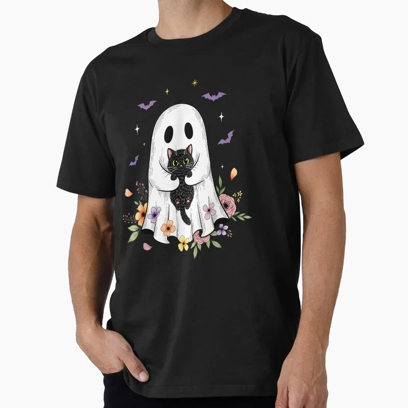 Ghost Black Cat Halloween Gift T Shirt Funny Spooky Cat Lover Tee Unisex Trick or Treat Costume Party Short Sleeve Tops