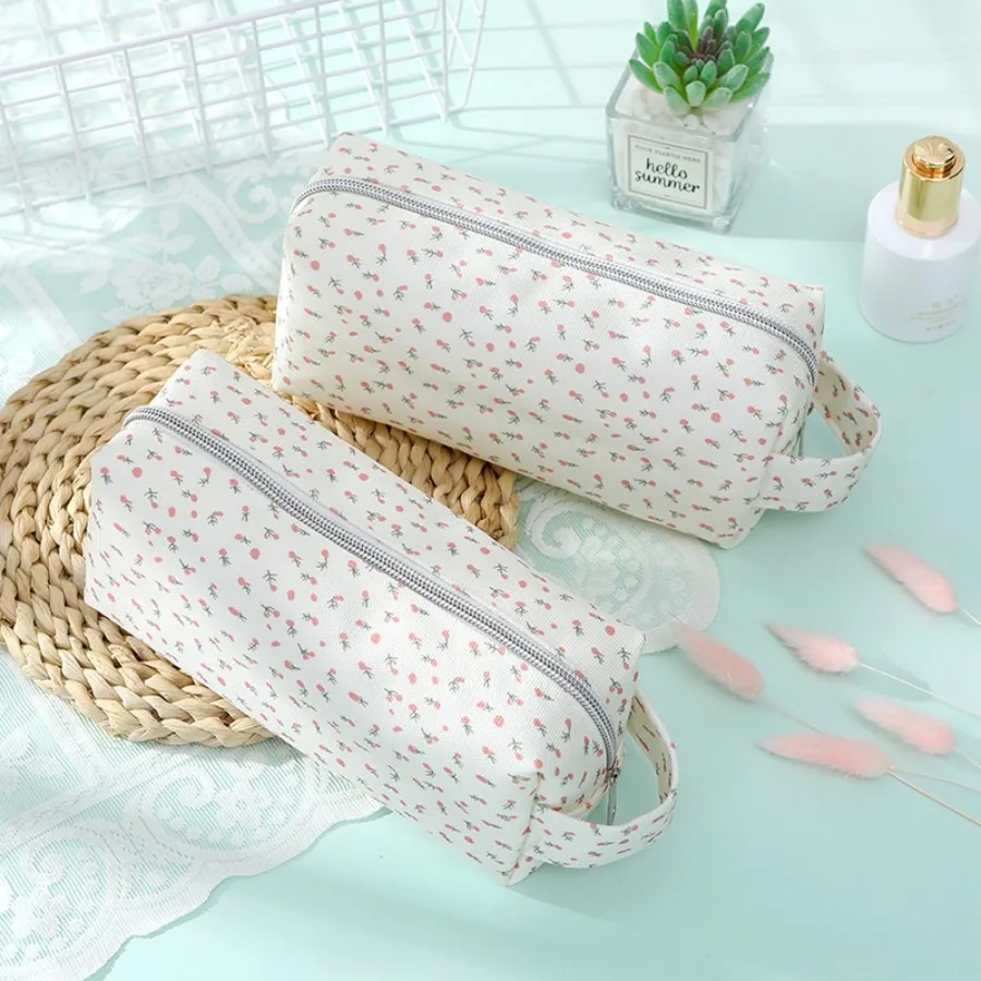 Canvas Small Floral Large Capacity Pencil Case Simple Fresh Women's Makeup Bag Toiletry Bag Storage Bag School Office Suppliers