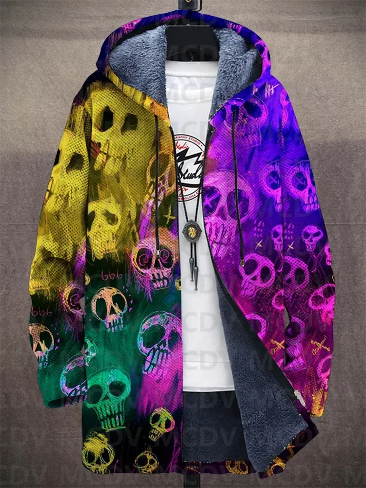 Unisex Plush Skull Art Casual Print Thick Long-Sleeved Sweater Coat Cardigan Warm Jacket