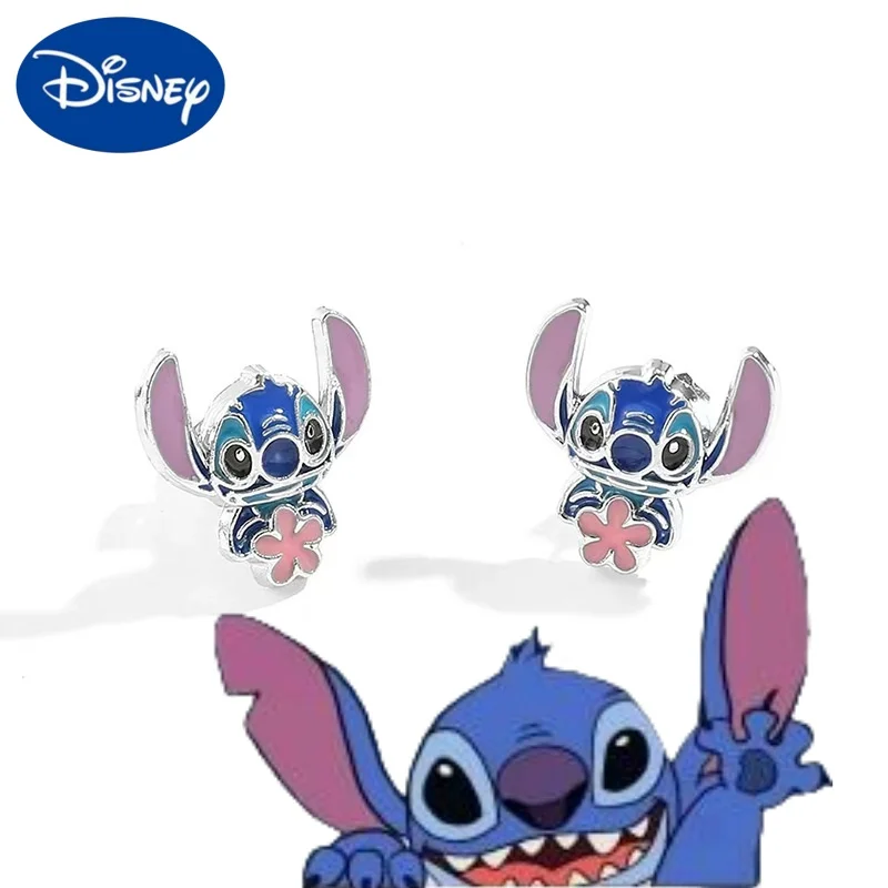 Disney Cute Cartoon Stitch with Flower Stud Earrings for Women Teen Girls Lovely Ear Accessories Jewelry Gifts for Fans