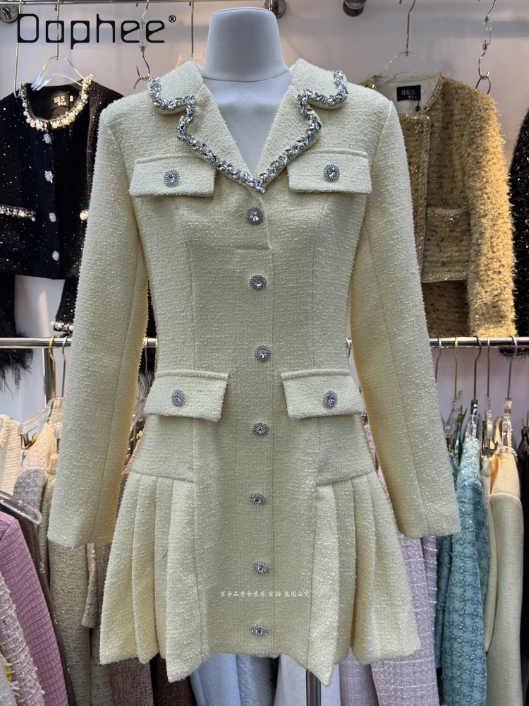 

High-end Princess Light Luxury Heavy Beading Rhinestone Suit Collar Slim Dress French Elegant Socialite Tweed Pleated Dresses