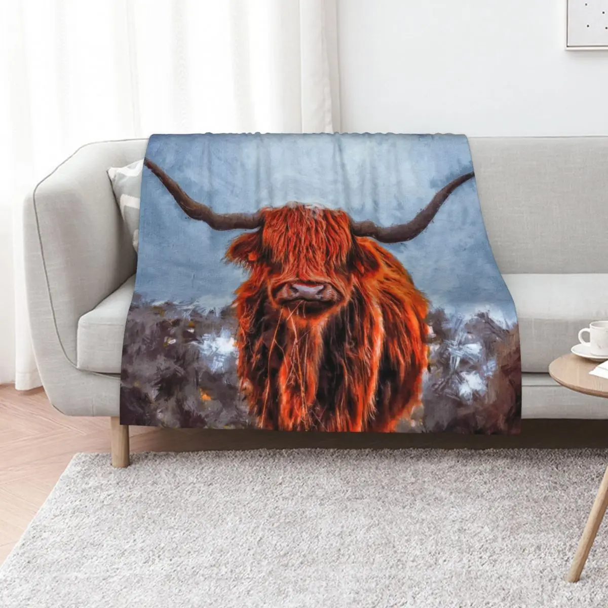 Scottish Hairy Highland Cow painting, Cute Highland Cattle Calf, Highland Cattle Cow Oil Paint, Cute Cow Throw Blanket
