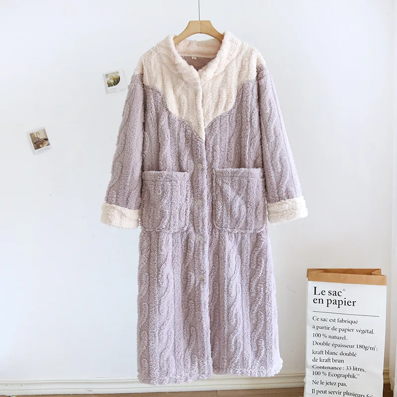 2024 Autumn/Winter New Coral Fleece Nightgown Women\'s Plush Thickened Nightgown Bathrobe Long Flannel Home Robe Ladies Nightgown