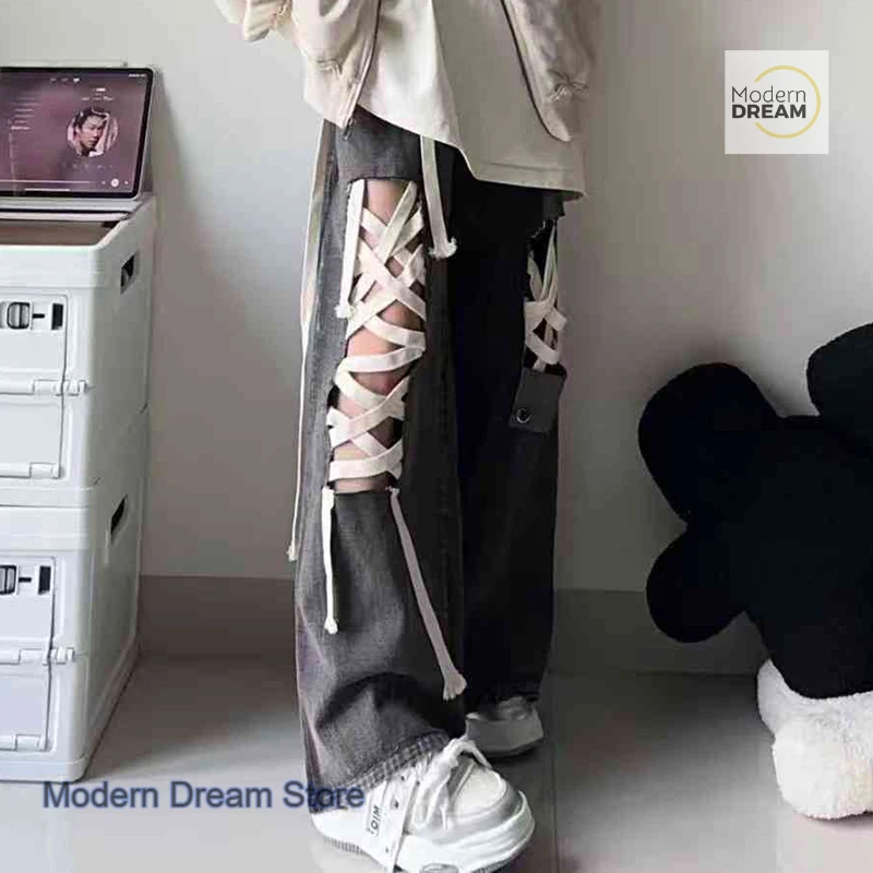 American high street retro design black strap hole jeans female summer new fashion temperament loose tooling wide-leg pants.